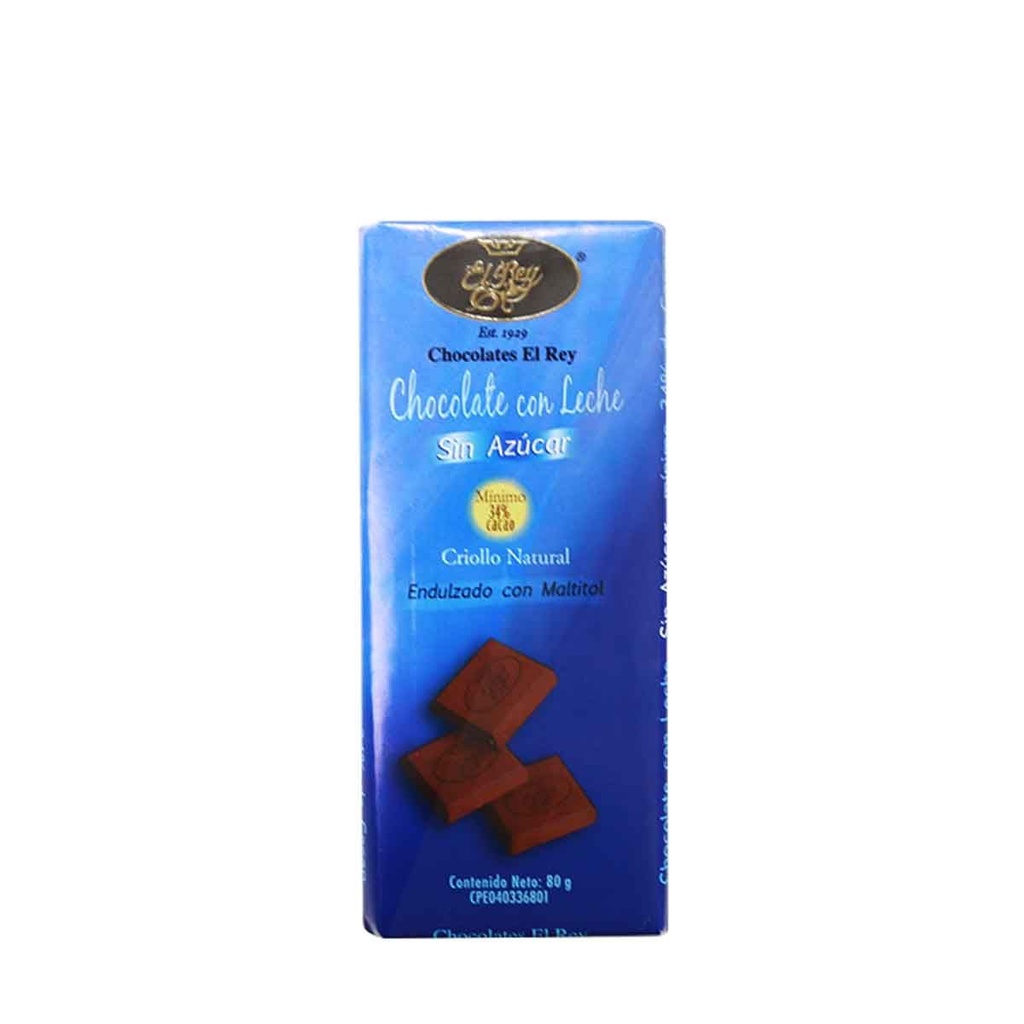 CHOCOLATE DE LECHE SIN AZUCAR 34% CACAO EL REY 80 GR 