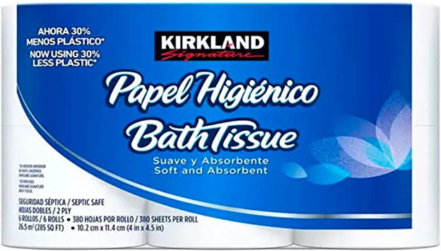 PAPEL KIRKLAND HIGIENICO TOILET BATH TISSUE EMPAQUE 6 ROLLOS 380 HOJAS